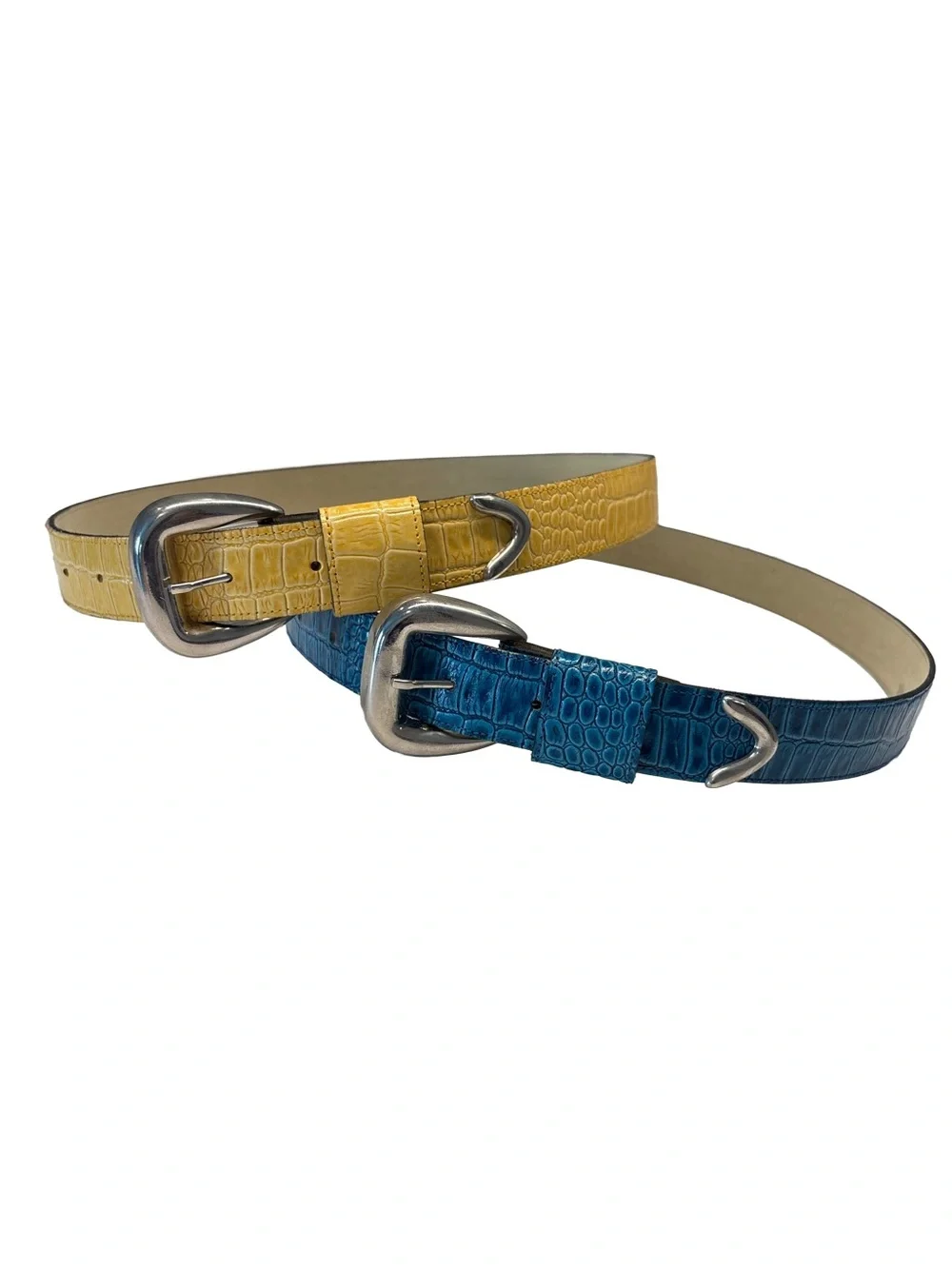 Vintage Genuine Bonded Leather Belts Yellow and Blue Croc-Embossed Set of 2